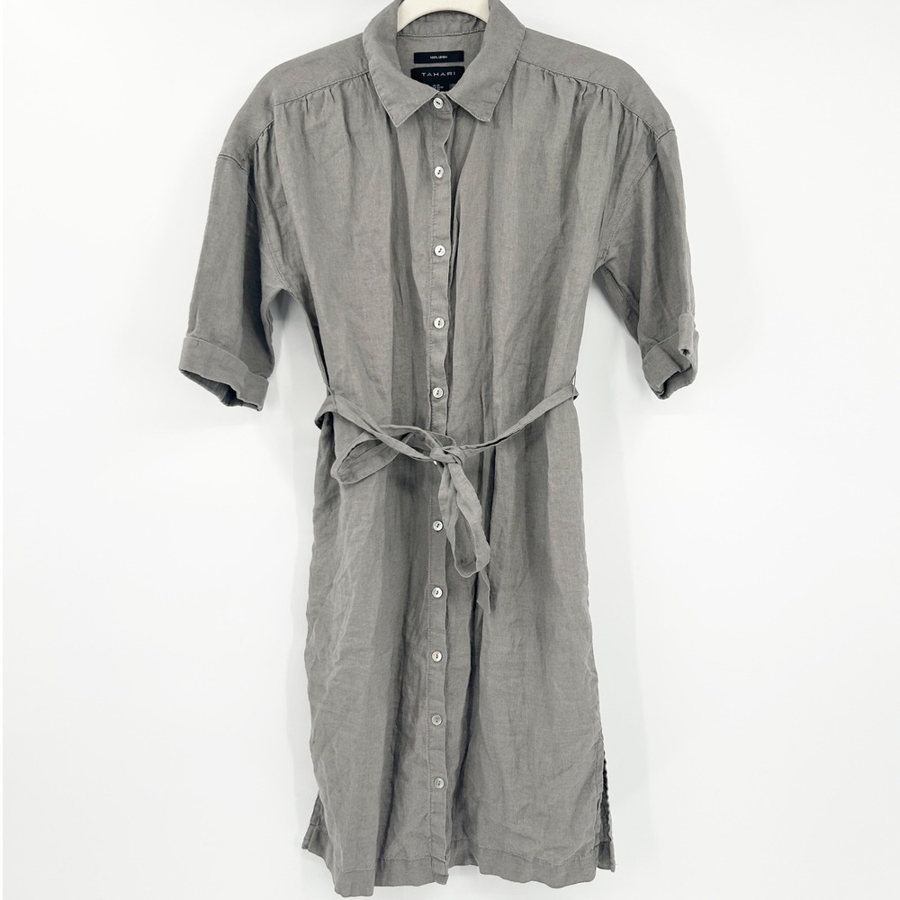 Tahari Womens Casual‎ Linen Button Down Beachy Lagenlook Midi Dress Size XS Gray